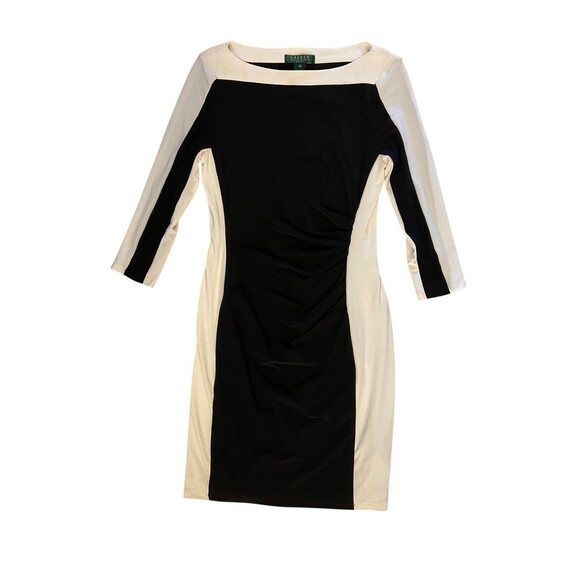 Lauren Ralph Lauen Colorblcok SheathDress Size 6 Petite Black Ruched Stretchy - Picture 1 of 11